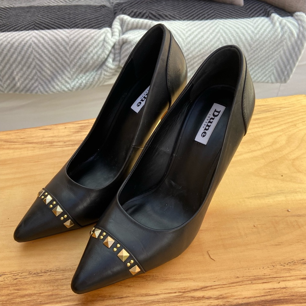 Dune black heels pumps gold accent